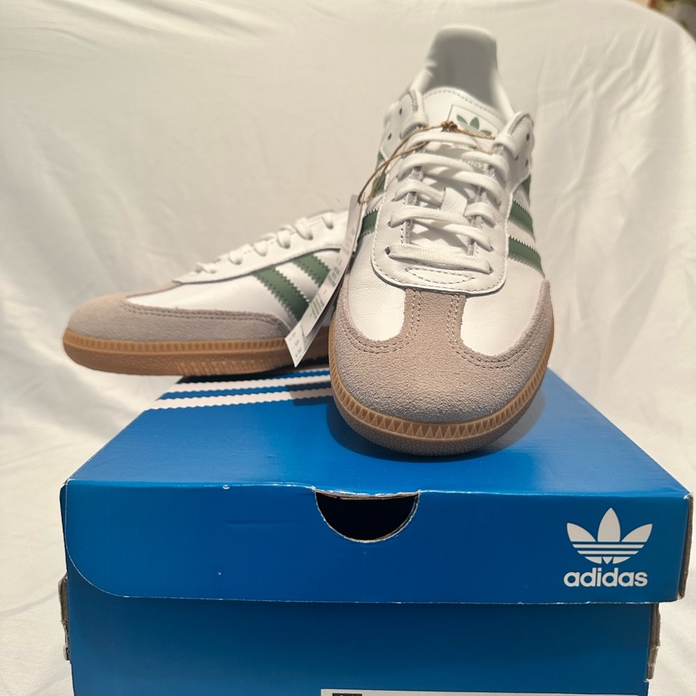 adidas Samba White Sneakers with Green Stripes and Gum Sole - Picture 2 of 4